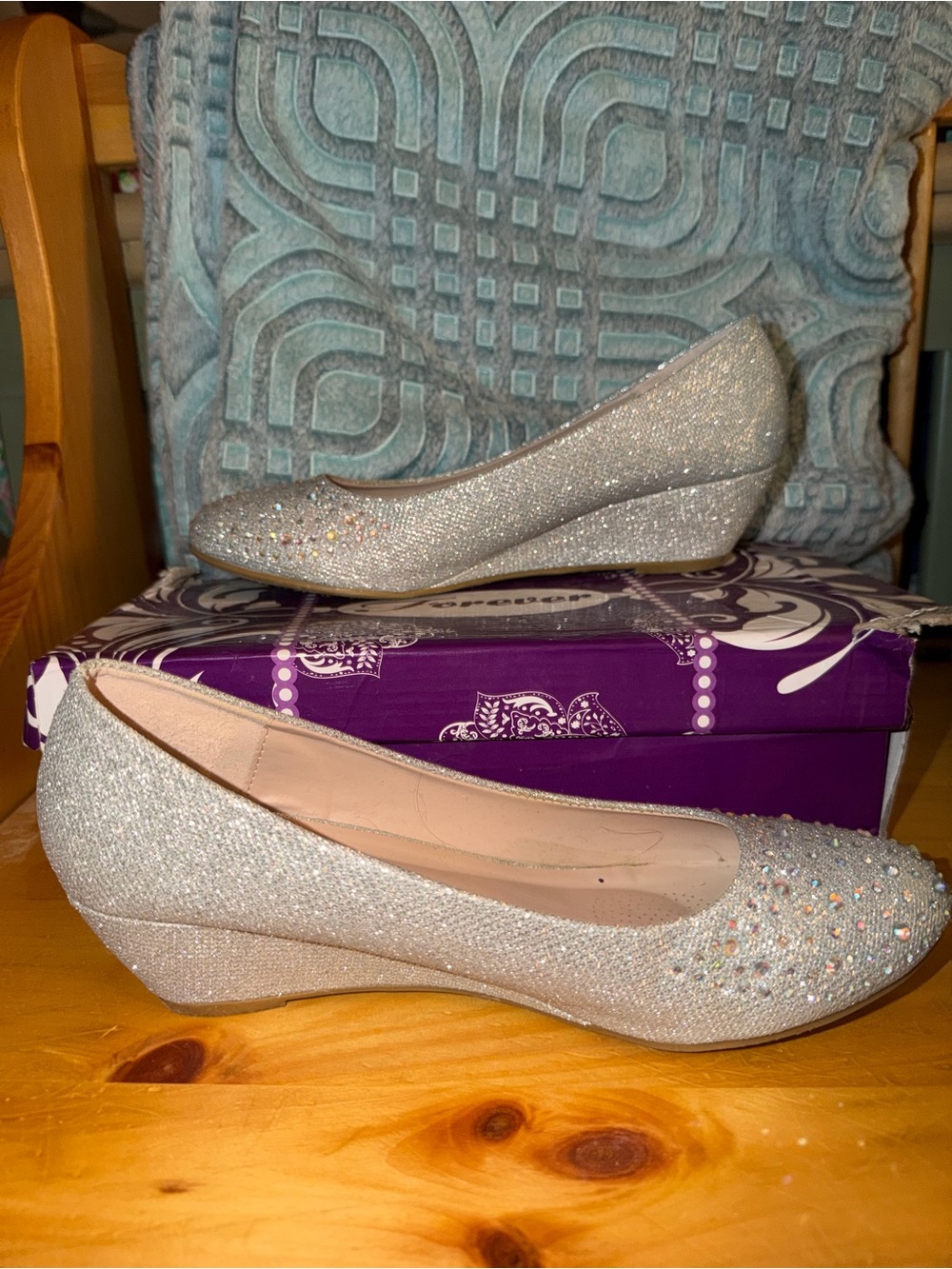 Forever Silver Glitter Wedge Pumps with Rhinestone Accents